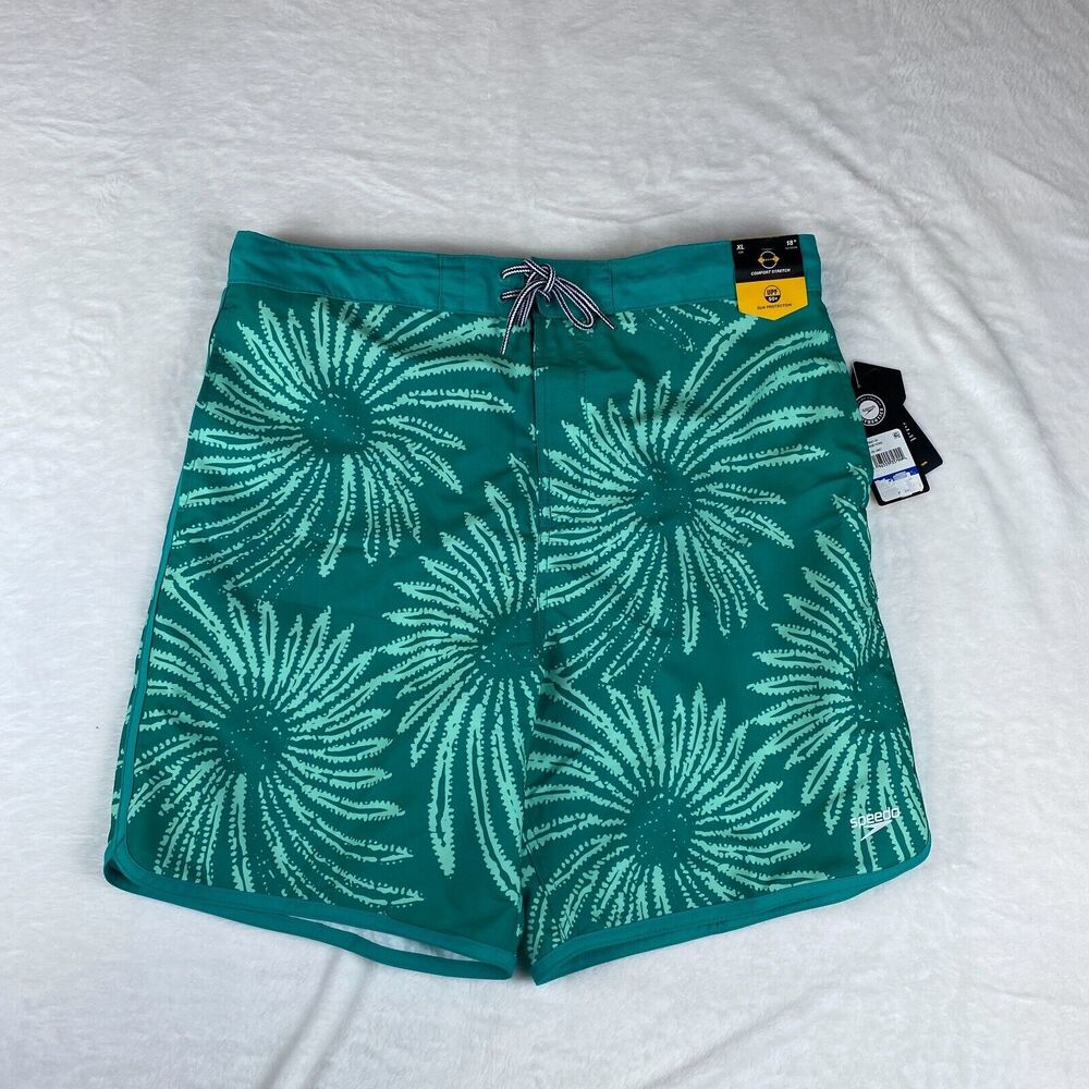 Speedo E-Board Swim Shorts Mens XL Green Floral Print Mesh Liner Stretch UPF 50+ - Picture 3 of 5